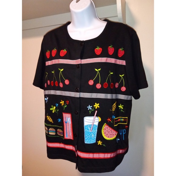 Onque Casuals Sweaters - Onque Casuals Picnic Theme Embroidered Button Front‎ shirt black Medium